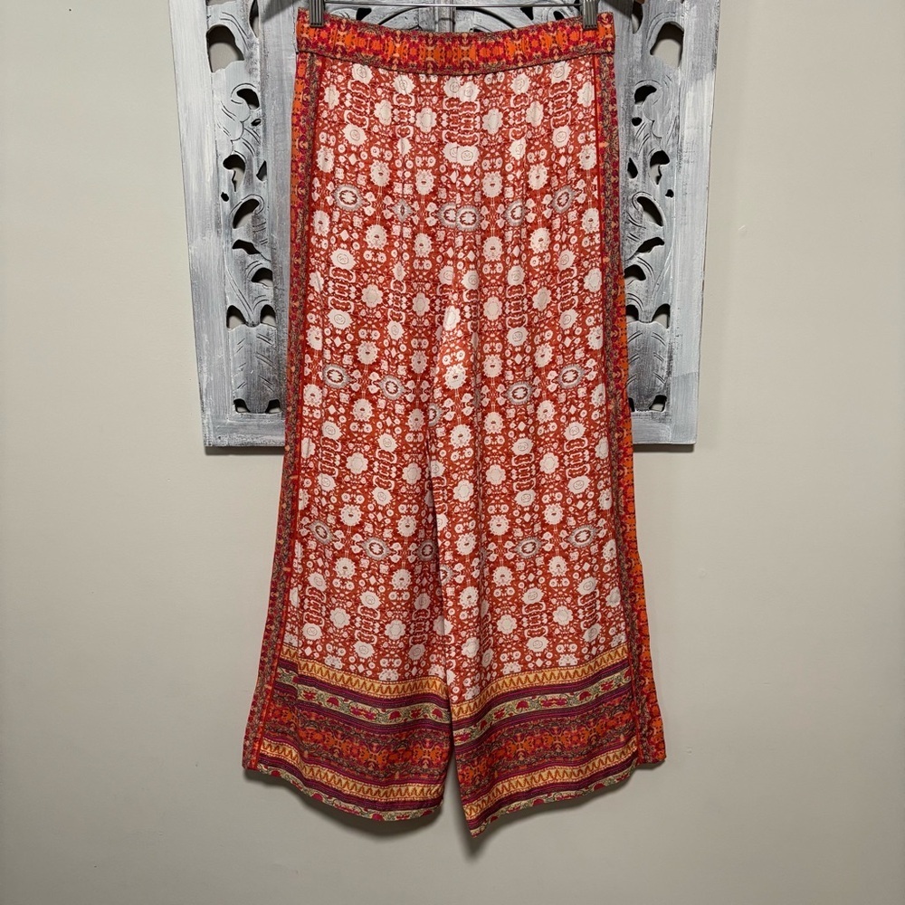 NEW Anthropologie Vale Orange/Pink Patterned Wide Leg Boho Palazzo Pants - Picture 8 of 14
